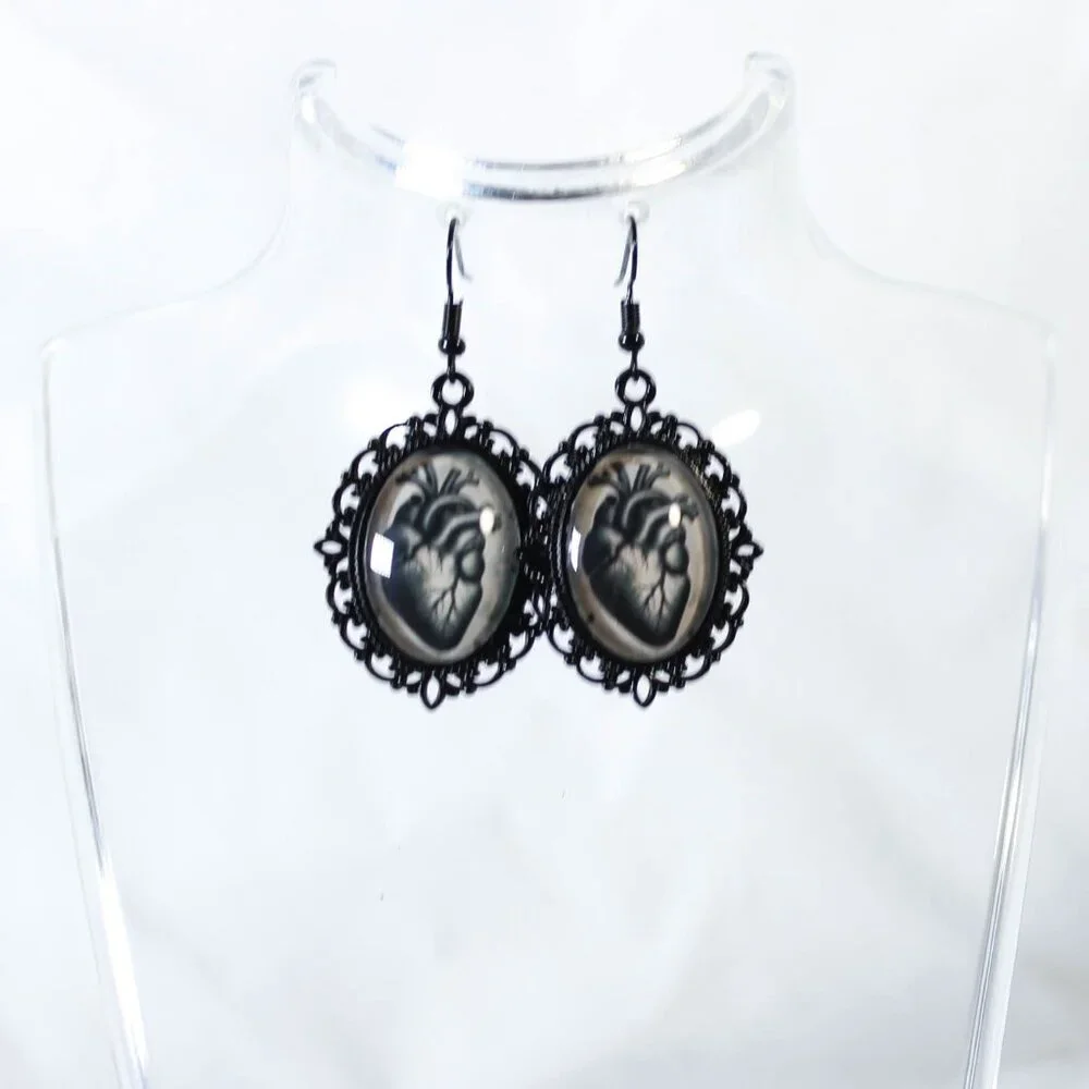 Gothic “Heart of the Hollow” Anatomical Heart Black Metal Cameo Earrings